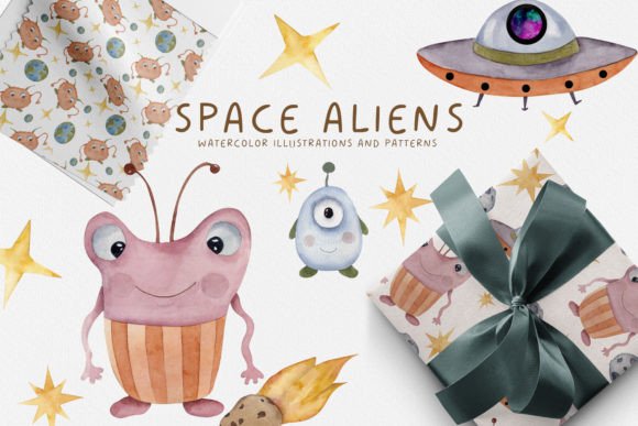 Charming Watercolor Illustrations: Space Aliens for Creative Projects