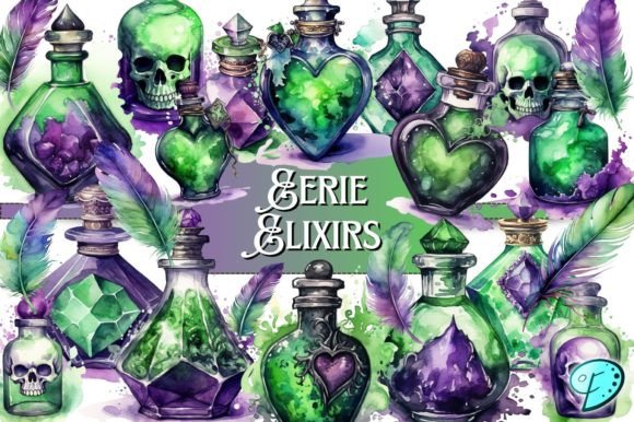 Eerie Elixirs Watercolor Illustrations: Spooky Design Assets