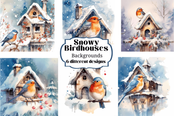 Snowy Birdhouses Birds Illustrations for Winter Projects