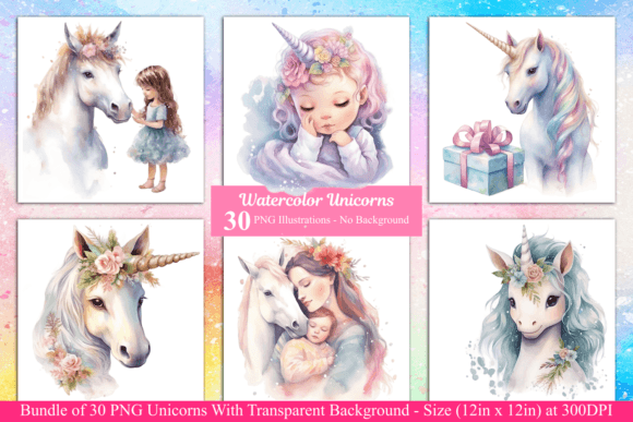 Unlock Whimsical Design with Watercolor Unicorn Illustrations 30 PNG